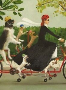 a painting of a woman riding a bike with dogs on the front and back wheels