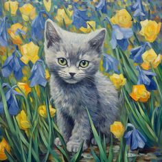 a painting of a kitten sitting in the grass next to blue and yellow daffodils