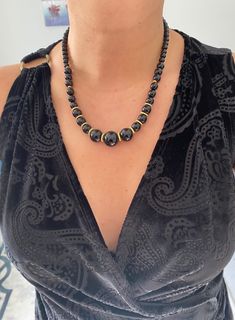 Black Onyx Beaded Handmade Necklace.Black Gemstone and Gold Jewelry for Women. You can wear this unique and elegant necklace with your dressy casual or evening dress. This gemstone necklace is also perfect gift option for your wife , mother or girlfriend. ☀️Dimension: 48 cm +4 cm extention chain If you do not want an extension chain or need additional extension chain, please inform me. 🌈Materials: Onyx,14k gold plated 🔴 30% Discount for 2 items use the code: 2ITEMS30 🔴 35% Discount for 3 or m Vintage Black Gemstone Beads Necklace, Elegant Black Beaded Necklaces With Gemstone Beads, Elegant Black Beaded Necklace With Gemstone Beads, Elegant Onyx Beaded Necklaces, Vintage Black Beaded Necklace With Gemstone Beads, Elegant Onyx Beaded Necklaces For Formal Occasions, Black Beaded Necklaces For Formal Occasions, Vintage Black Beaded Necklaces For Party, Elegant Black Beaded Necklaces For Evening