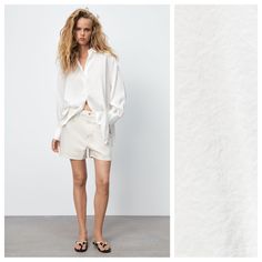 Nwt. Zara White Modal Blend Loose Shirt With Lapel Collar, Long Sleeves And Cuffs, Pleats At The Back, Side Slits On The Bottom, Button Closure On The Front. Size Xs. Ref. 3067/022. Pit To Pit 24,5" Flat, Shoulders 21", Sleeves 20,5", Length 30,5". 1064 Casual Short Spring Shirt, Casual Short Shirt For Spring, Summer Daywear Shirt With Shirttail Hem, Summer Shirt With Shirttail Hem For Daywear, Chic Short Tops With Relaxed Fit, White Linen Blouse With Shirttail Hem, Summer Cotton Blouse With Shirttail Hem, Spring Short Blouse, White Blouse With Shirttail Hem For Daywear