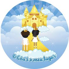 two children standing in front of a castle with clouds and the words ceu'omeu