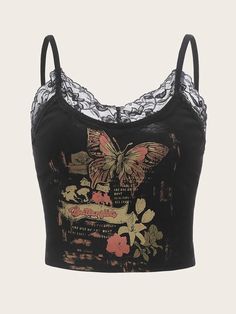 Goth Butterfly, Clubwear Outfits, Crop Top Sleeveless, Lace Trim Cami Top, Gothic Lace, Lace Trim Cami, Punk Rock Fashion, Cami Crop Top