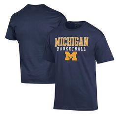 The Champion Navy Michigan Wolverines Basketball Stack T-shirt is the perfect way to show your support for the Michigan Wolverines. Made from soft cotton, this tee features a crew neck and tagless back for added comfort. Bold Michigan Wolverines graphics on the front let everyone know who you're rooting for. Whether you're cheering on the Wolverines at the game or showing support around town, this tee is a must-have for any fan. Tri-blend Crew Neck T-shirt With Team Logo, Pre-shrunk Crew Neck T-shirt For Fan Gear, Cotton T-shirt With Logo Print For Sports Season, Team Logo Short Sleeve T-shirt, Collegiate Fan Gear Crew Neck T-shirt, Tri-blend Short Sleeve T-shirt With Team Logo, Collegiate Crew Neck T-shirt For Fans, Collegiate Crew Neck T-shirt For Fan Gear, Fan Gear T-shirt With Letter Print, Crew Neck