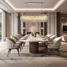 an elegant dining room with chandelier and marble table surrounded by beige upholstered chairs