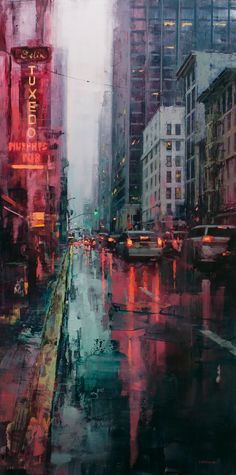 an oil painting of a city street at night