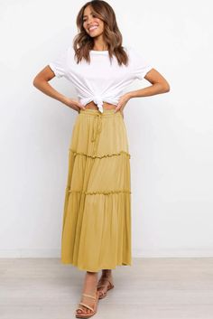 Yellow High Waist A-line Drawstring Maxi Skirt Flowy Tiered Skirt In Solid Color, Beach Flared Skirt Solid Color, Beach Tiered Skirt With Drawstring, Summer Flared Skirt Bottoms In Solid Color, Flowy Solid Color Maxi Skirt For Beach, Summer Flared Skirt In Solid Color, Flowy Beach Skirt In Solid Color, Solid Color Mini Skirt For Summer, Beach Tiered Skirt Bottoms In Solid Color