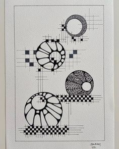 an art work with black and white lines, circles and squares in the middle of it