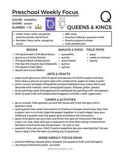 a flyer with the words preschool weekly focus queen's and kings