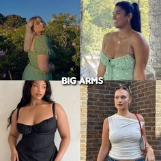 four different pictures of women with big arms and no bras, one is wearing a tank