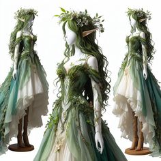 Royal Fairy Dress, Forest Dress Drawing, Mythical Dresses Fantasy Fairytale, Elves Halloween Costume, Fairytale Green Wedding Dress, Fantasy Dress Ideas, High Fae Costume, Fae Ballgown, Summer Fairy Outfits