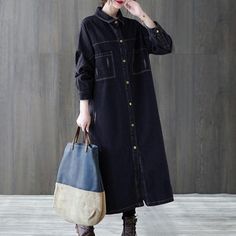 Details: Type: Denim Dress Gender: Women Material: Denim Pattern: Solid Season: Autumn, Spring Style: Casual, Loose Size:L Length: 110.00 cm/43.30" Waist: 116.00 cm/45.67'' Bust: 112.00cm/44.09" Hem: 144.00cm/56.69" Size:XL Length: 111.00 cm/43.70" Waist: 122.00 cm/48.03'' Bust: 118.00cm/46.46" Hem: 150.00cm/59.06" 90s Fashion For Women, Plus Size Clothes For Women, Y2k Fashion Outfit, Casual Denim Dress, Moda Denim, Patchwork Coat, Black Plus Size, Baby Tees Y2k, Plus Size Clothes