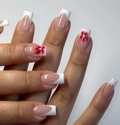 Pink Tips With Design, French Tip With Red Flower, Bloom Flower Nails, Red Flower Acrylic Nails, Acrylic Nail Square, Square French Tip Designs, Basic Nail Inspo Summer, French Manicure Flowers