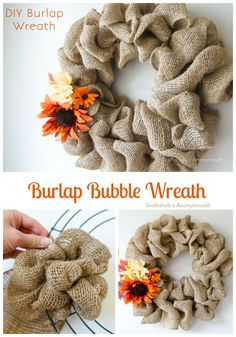 burlap wreath with flowers on it and instructions for how to make the wreath