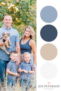 an image of a family with their dog and two children in front of some trees