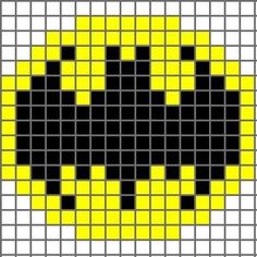 a cross stitch pattern with black and yellow squares in the shape of a smiley face