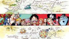 the one piece anime strip has been drawn on it's side and is surrounded by other characters