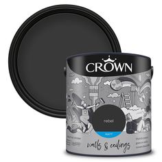 a black paint can with the words crown on it and an image of a woman holding a