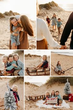 a collage of photos showing children playing and having fun on the beach with their parents