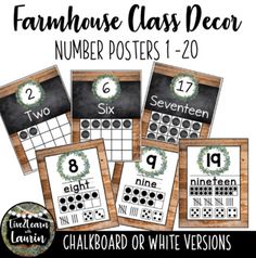 the farmhouse class decor number posters for numbers 1 - 20 is shown in black and white