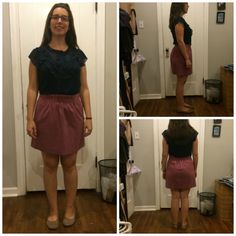 Sheer navy shirt w/ ruffles. This is one of my favorites - I like the loose, easy cap-style sleeves and how it falls whether tucked in or out. Jewel Tone Colors, Cap Style, Pink Skirt, Navy Shirt, It's Fall, Three Color, My Favorites, Above The Knee, Photo Editor