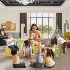 a woman sitting on the floor surrounded by children