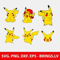 pokemon pikachu and other pokemon characters are shown in different poses, with the text svg png dxf eps - brings lv