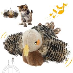 an owl stuffed animal with music notes and cats in the background on a white background