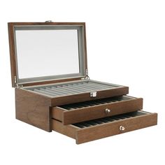 an open wooden jewelry box with two drawers