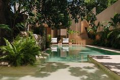 a pool surrounded by greenery next to a building with stairs leading up to it