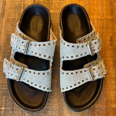 Isabel Marant Effortless Denim Sandals In A 37 Worn One Time. Tan Espadrilles, Pom Pom Sandals, Denim Sandals, Rope Sandals, Sporty Sandal, Wooden Sandals, Criss Cross Sandals, Bow Sandals, Flatform Sandals