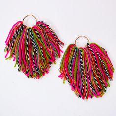 pair of earrings with multicolored tassels on white background