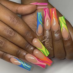 Rainbow Squiggle Nails, Long Rainbow Acrylic Nails, Trippy Rainbow Nails, Trippy Pink Nails, Abstract Nail Art, Rainbow Nails, Acrylic Nails Coffin, Dream Nails