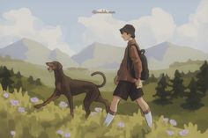 a boy and his dog are walking in the grass