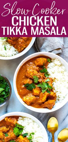 two bowls filled with chicken tikka masala on top of rice and garnished with cilantro