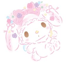 a cute little bunny with flowers on her head and ears, sitting in front of a pink background