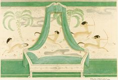 a drawing of a green and white bed with animals on it