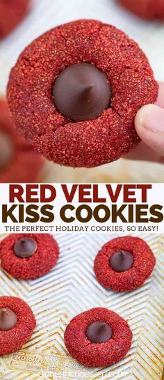 Red Velvet Kiss Cookies tastes like rich red velvet cupcakes in cookie form with a Hershey's Kiss chocolate in the middle, the perfect holiday baking cookie. Holiday Baking Cookies, Easy Holiday Baking, Chocolate Hershey, Hershey Kisses Chocolate, Red Velvet Recipes, Peanut Butter Blossom Cookies, Baking Christmas, Blossom Cookies, Kiss Cookies