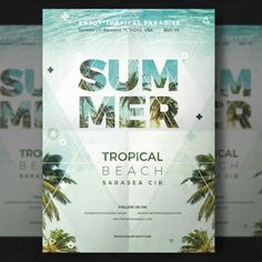 a flyer for a tropical beach party with palm trees and geometric shapes in the background