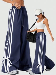 Women's Velvet Back To School Palazzo Drawstring Side Stripes Fashionable Edge Collision And Bow Ties Pants Navy Blue Casual   Polyester Colorblock,Striped Wide Leg Non-Stretch  Women Clothing, size features are:Bust: ,Length: ,Sleeve Length: Elastic Pants For Women, Different Types Of Sweatpants, Parachute Pants Street Style, Long T Shirt Outfit, Quilt Pants, Bow Tie Pants, Sporty Clothes, Woman Streetwear, Colorful Pants