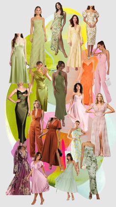 a collage of women in different dresses and hair styles, all dressed in pastel colors