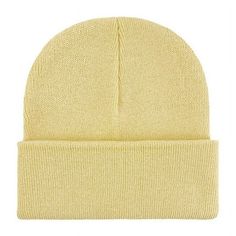 a light yellow beanie hat on a white background, with the word's logo in