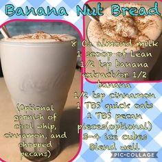 the recipe for banana nut bread milkshake is shown in three different pictures and includes instructions to make it