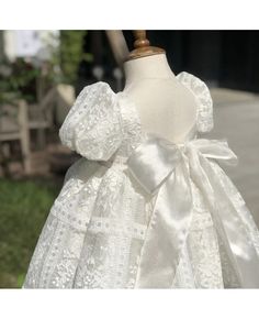 Buy unique lace round neck couture flower girl dress with bubble sleeves at wholesale price online. Free shipping and pro custom service since 2009. Little Bride Dress Baby, Infant Dress Wedding, Cute Bautizo Dresses, Childrens Fancy Dress, Delicate Gown, Baptism Girl, Wedding Rentals, Wedding Boutique