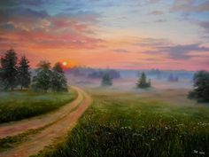 a painting of a dirt road in the middle of a field