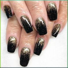 Black & Gold Nails Christmas Nails Gold And Black, Gold Black Nails Ideas, Black Nails With Gold Sparkles, Black Nails With Gold Glitter Ombre, Black And Gold Dipped Nails, Nails Black Gold Glitter, Black With Gold Sparkle Nails, Gold And Black Ombre Nails, Gold And Black Gel Nails