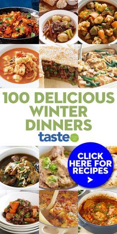 the cover of 100 delicious winter dinners taste cookbook, with pictures of different dishes