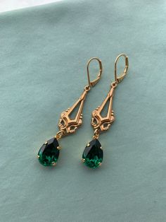 Emerald GREEN Edwardian Earrings 16k Gold Plated Long Gold - Etsy Edwardian Earrings, Red Rhinestone Earrings, Mint Green Earrings, Dark Emerald Green, Modernist Earrings, Porcelain Earrings, Chandelier Crystal, Edwardian Art, Edwardian Jewelry