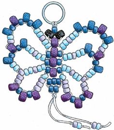 a beaded butterfly is hanging from a keychain with blue and purple beads