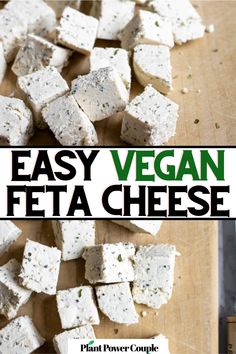 Overhead view of feta cubes on a wood cutting board with text reading easy vegan feta cheese Vegan Feta, Olive Brine, Salads Pasta, Vegan Feta Cheese, Firm Tofu, Feta Recipes, Dairy Free Cheese