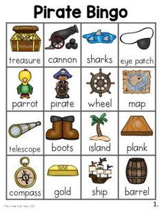 the pirate bingo game is filled with words and pictures